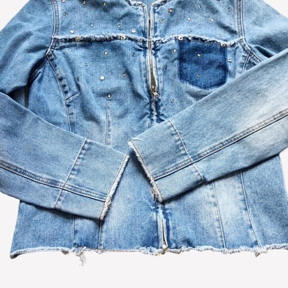 Vintage 80s Express Denim Jean Jacket Studded Fitted Collarless Inside Out Seams - Picture 10 of 16